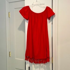 ASOS off shoulder sundress in red tassel trim US 2
